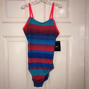 NEW! NIKE One Piece Girls Swimsuit Size 14 Blue/Red Athletic Swim Team Practice